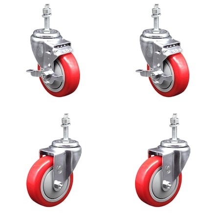Service Caster 4 Inch SS Red Polyurethane Swivel 3/8 Inch Threaded Stem Caster Brakes, 2PK SSTS20S414-PPUB-RED-TLB-381615-2-S-2